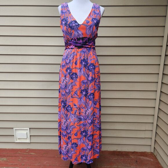 Maeve Anthropologie Macie Maxi Dress Floral Print Red Purple Pockets Sleeveless - Picture 3 of 14